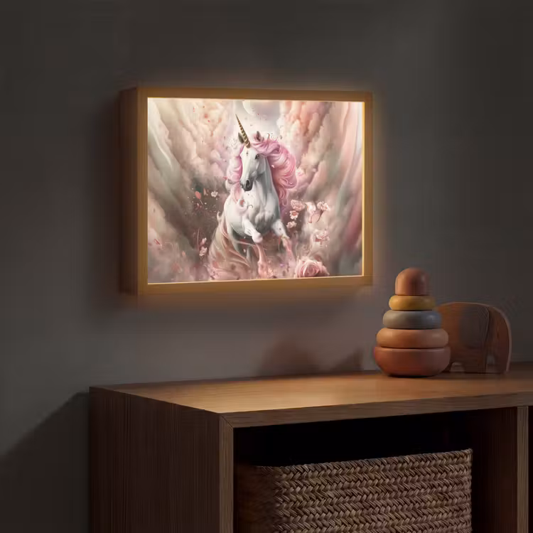 Eenhoorn - Meisje - Roze - Bloemen - Sprookje Light Box met batterij (Wandlamp kind) middel -sfeer5_kind