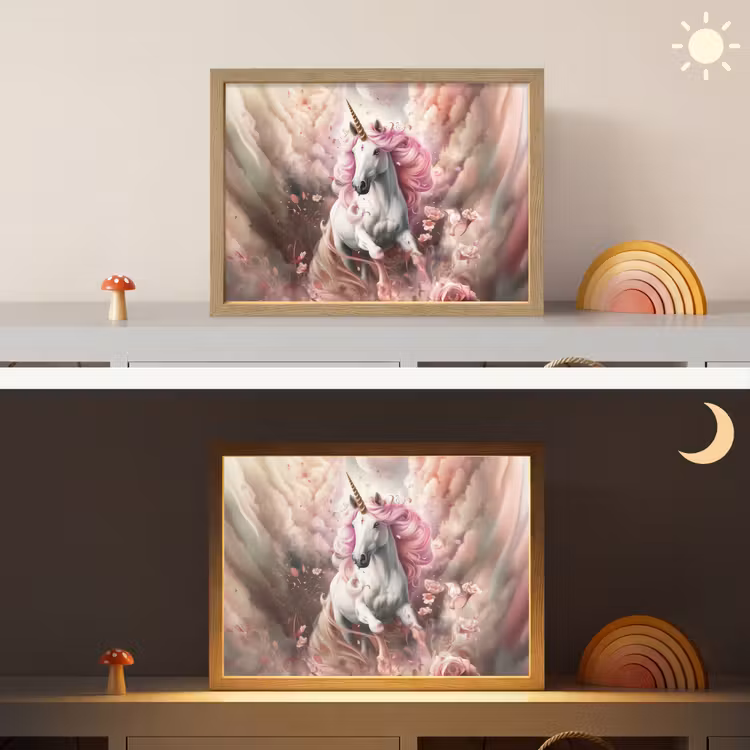Eenhoorn - Meisje - Roze - Bloemen - Sprookje Light Box met batterij (Wandlamp kind) middel -sfeer3_kind