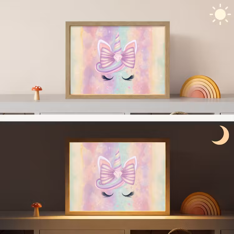 Eenhoorn - Glitters - Regenboog - Pastel Light Box met batterij (Wandlamp kind) middel -sfeer3_kind