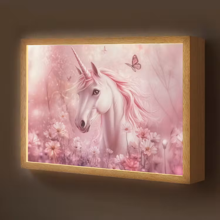Eenhoorn - Roze - Vlinders - Bloemen Light Box met batterij (Wandlamp kind) middel -z3d_website
