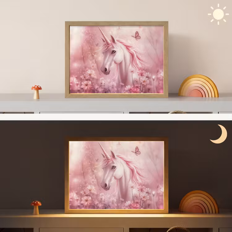 Eenhoorn - Roze - Vlinders - Bloemen Light Box met batterij (Wandlamp kind) middel -sfeer3_kind