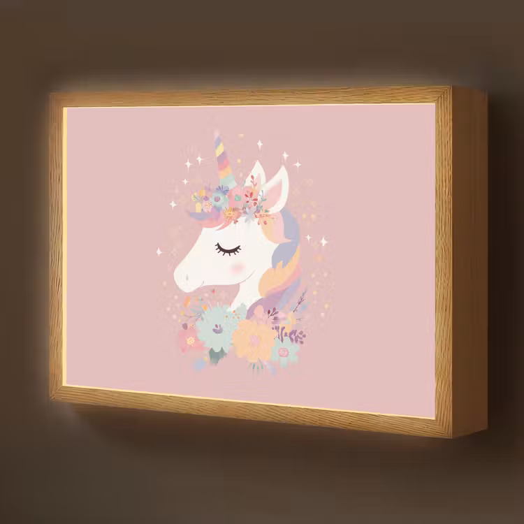 Eenhoorn - Roze - Bloemen Light Box met batterij (Wandlamp kind) middel -z3d_website