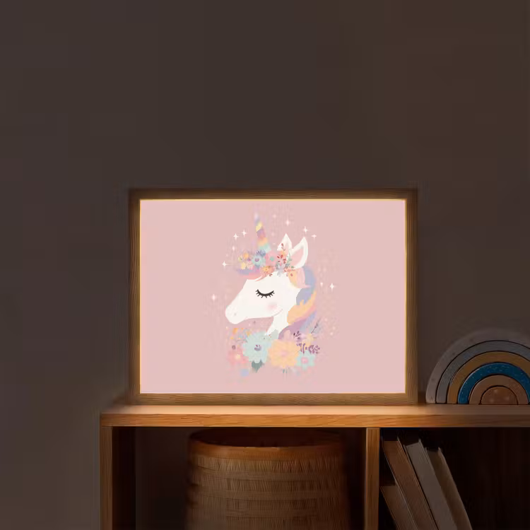 Eenhoorn - Roze - Bloemen Light Box met batterij (Wandlamp kind) middel -sfeer1_kind