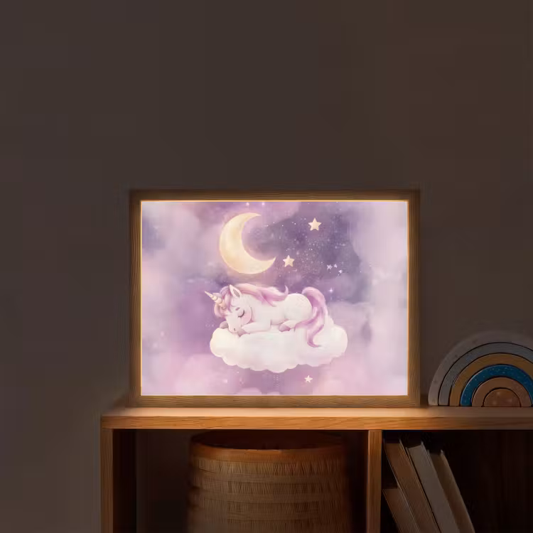 Eenhoorn - Paars - Sterrenhemel - Maan Light Box met batterij (Wandlamp kind) middel -sfeer1_kind