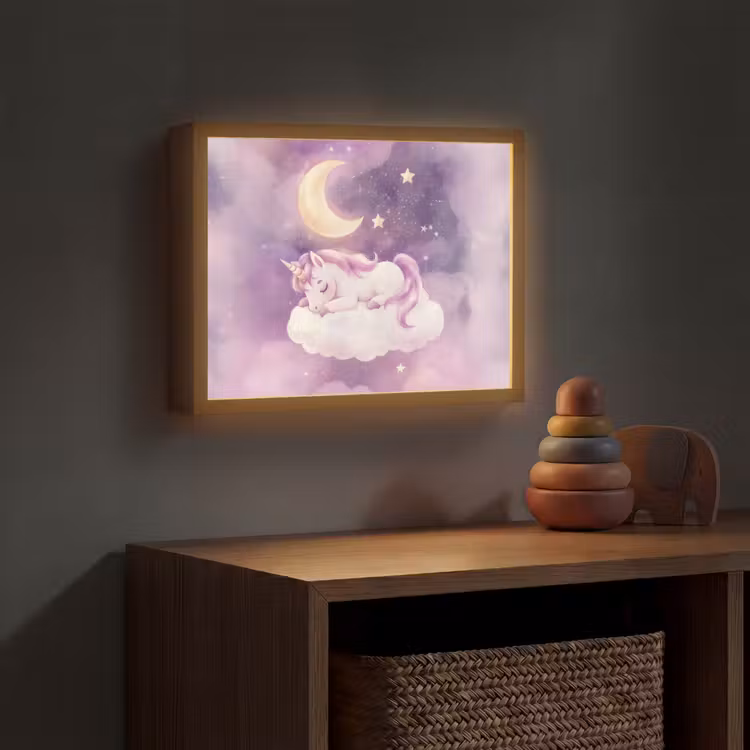 Eenhoorn - Paars - Sterrenhemel - Maan Light Box met batterij (Wandlamp kind) middel -sfeer5_kind