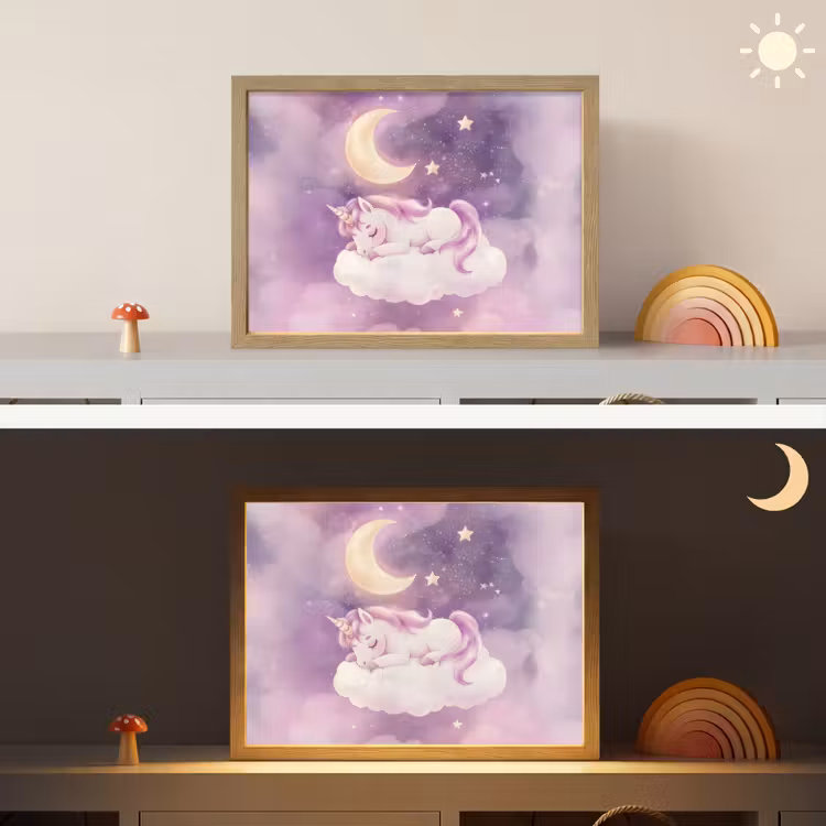 Eenhoorn - Paars - Sterrenhemel - Maan Light Box met batterij (Wandlamp kind) middel -sfeer3_kind