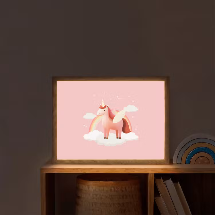 Eenhoorn - Vleugels - Roze - Regenboog Light Box met batterij (Wandlamp kind) middel -sfeer1_kind