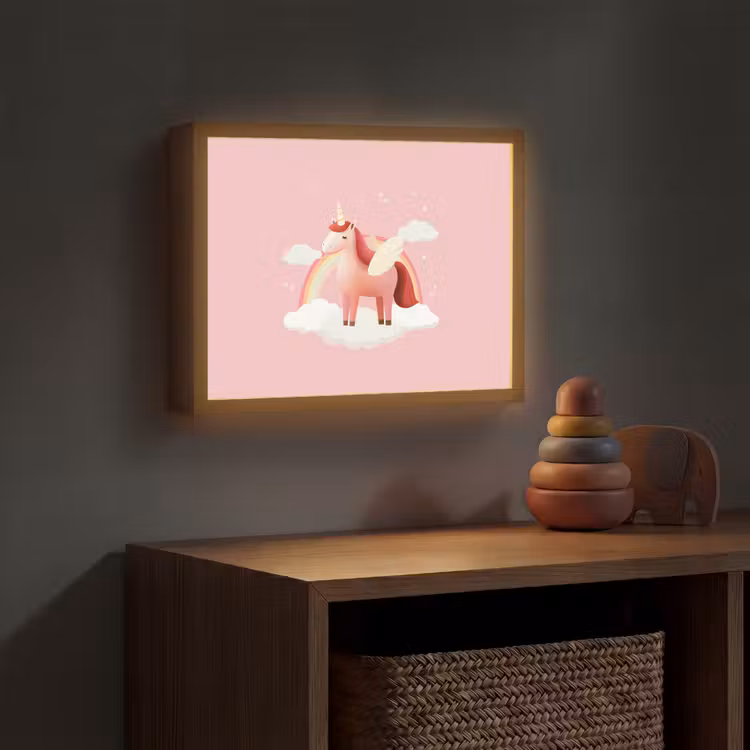 Eenhoorn - Vleugels - Roze - Regenboog Light Box met batterij (Wandlamp kind) middel -sfeer5_kind