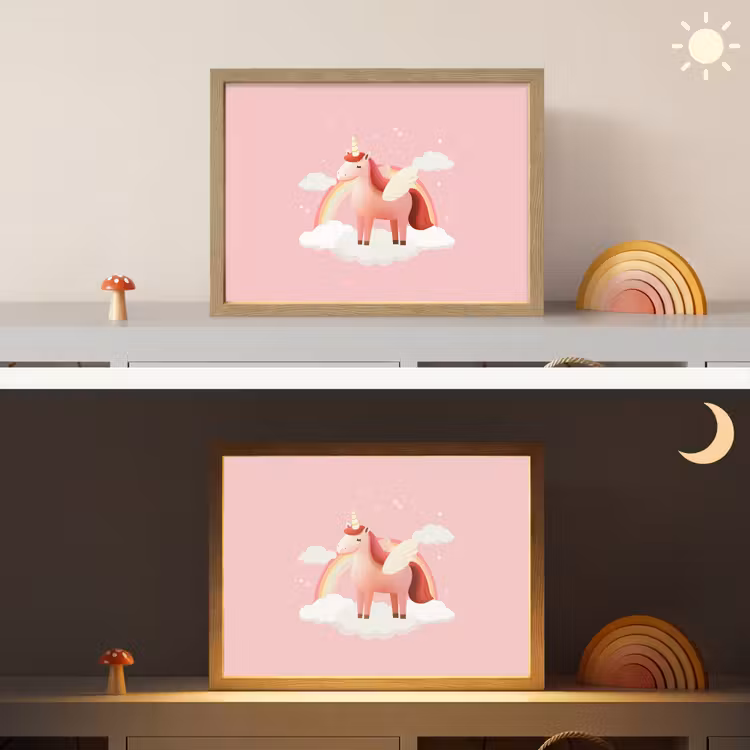 Eenhoorn - Vleugels - Roze - Regenboog Light Box met batterij (Wandlamp kind) middel -sfeer3_kind