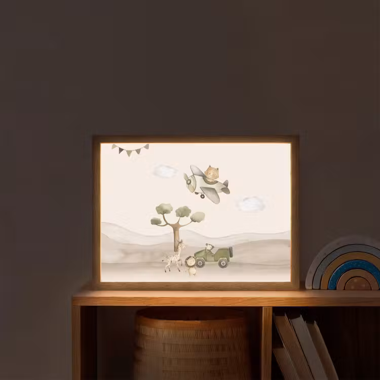 Wilde dieren - Safari - Pastel kleuren - Watercolor - Vliegtuig Light Box met batterij (Wandlamp kind) middel -sfeer1_kind
