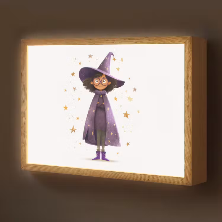 Heks - Paars - Sterren - Heksenhoed Light Box met batterij (Wandlamp kind) middel -z3d_website