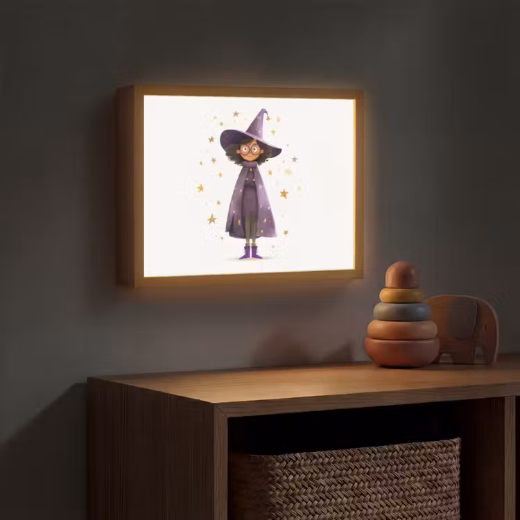 Heks - Paars - Sterren - Heksenhoed Light Box met batterij (Wandlamp kind) middel -sfeer5_kind