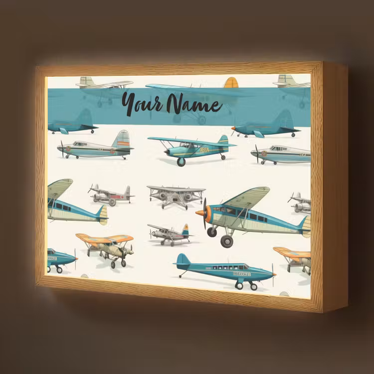 Vliegtuig - Blauw - Kinderen - Jongen - Oranje Light Box met batterij (Wandlamp kind) middel -z3d_website