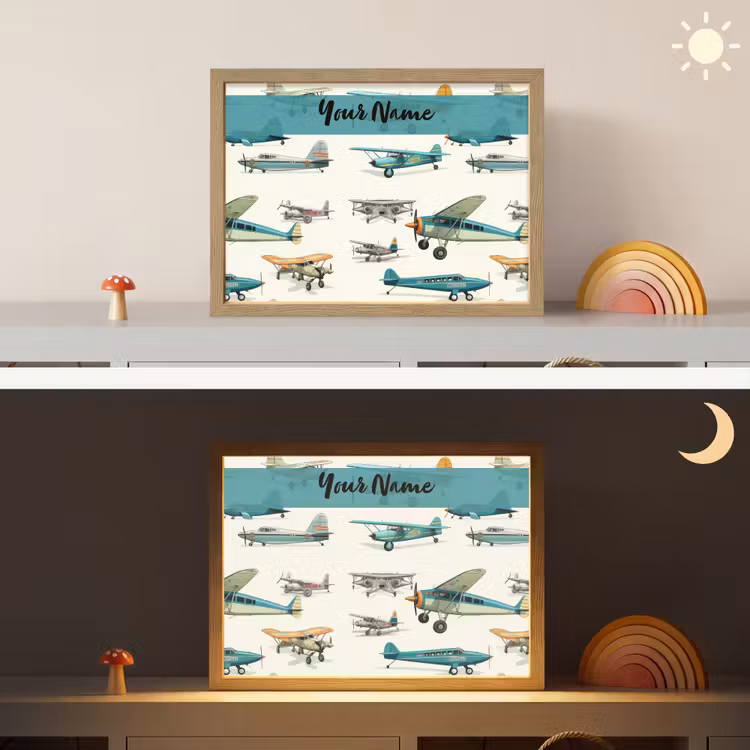 Vliegtuig - Blauw - Kinderen - Jongen - Oranje Light Box met batterij (Wandlamp kind) middel -sfeer3_kind