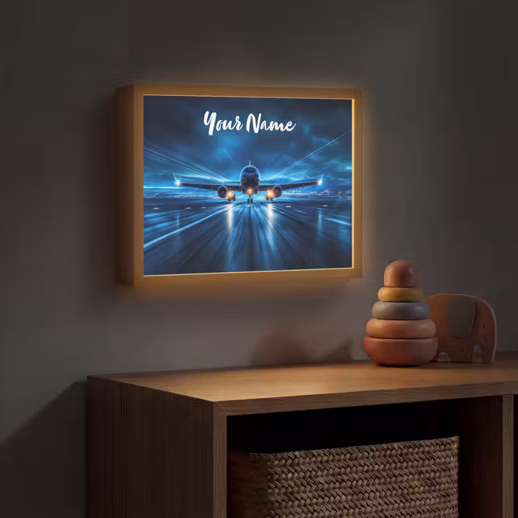 Vliegtuig - Blauw - Futuristisch Light Box met batterij (Wandlamp kind) middel -sfeer5_kind