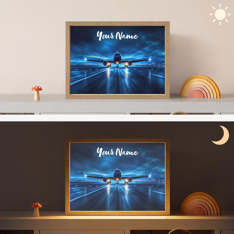 Vliegtuig - Blauw - Futuristisch Light Box met batterij (Wandlamp kind) middel -sfeer3_kind