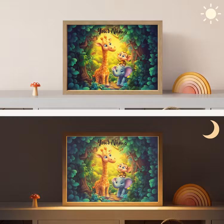 Dieren - Jungle - Giraf - Olifant - Aapje Light Box met batterij (Wandlamp kind) middel -sfeer3_kind