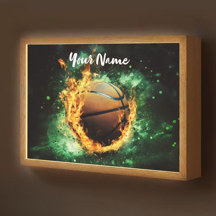 Basketbal - Vuur - Vlammen - Groen Light Box met batterij (Wandlamp kind) middel -z3d_website