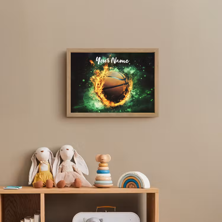 Basketbal - Vuur - Vlammen - Groen Light Box met batterij (Wandlamp kind) middel -sfeer2_kind