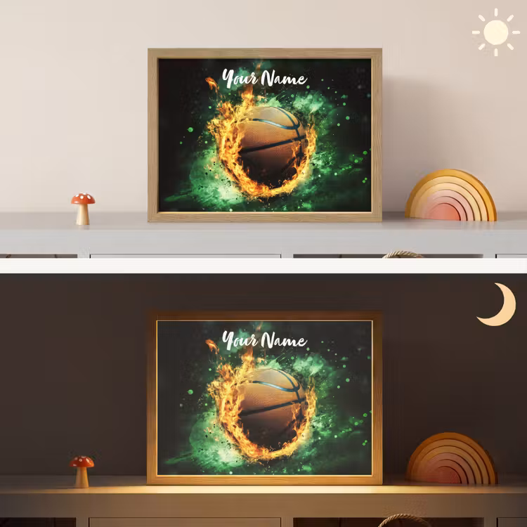Basketbal - Vuur - Vlammen - Groen Light Box met batterij (Wandlamp kind) middel -sfeer3_kind