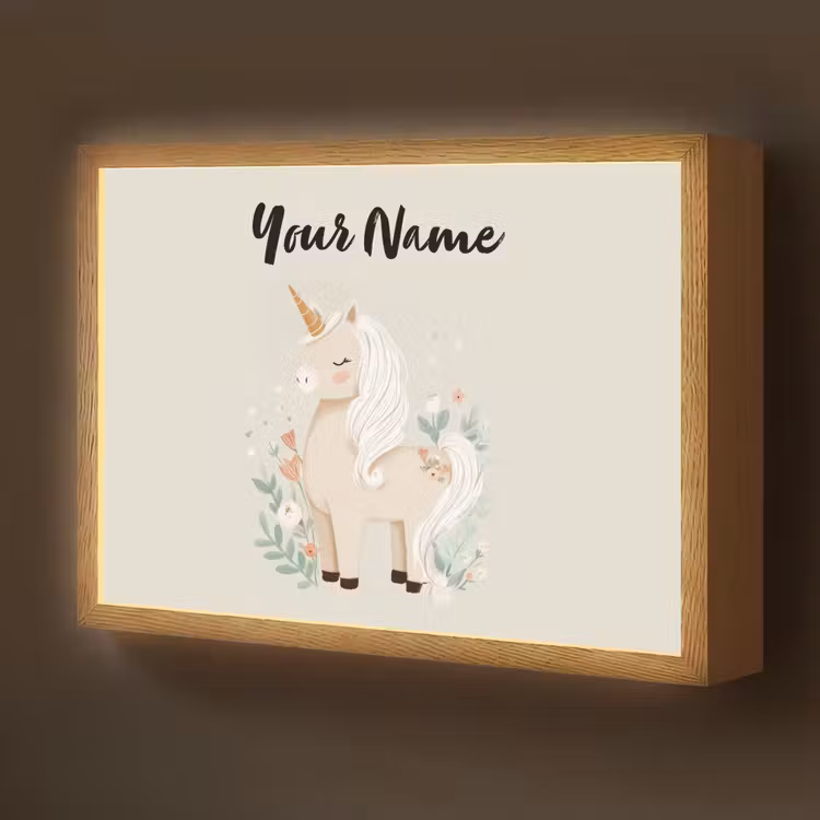 Beige - Eenhoorn - Minimalistisch - Bloemen Light Box met batterij (Wandlamp kind) middel -z3d_website