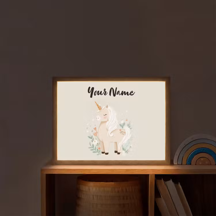 Beige - Eenhoorn - Minimalistisch - Bloemen Light Box met batterij (Wandlamp kind) middel -sfeer1_kind