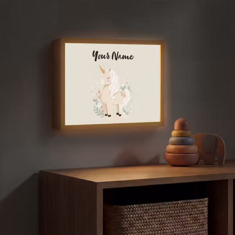 Beige - Eenhoorn - Minimalistisch - Bloemen Light Box met batterij (Wandlamp kind) middel -sfeer5_kind