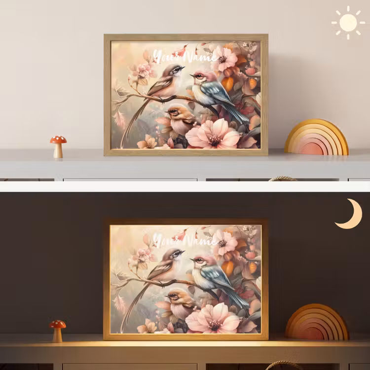Vogels - Bloemen - Roze - Pastel Light Box met batterij (Wandlamp kind) middel -sfeer3_kind