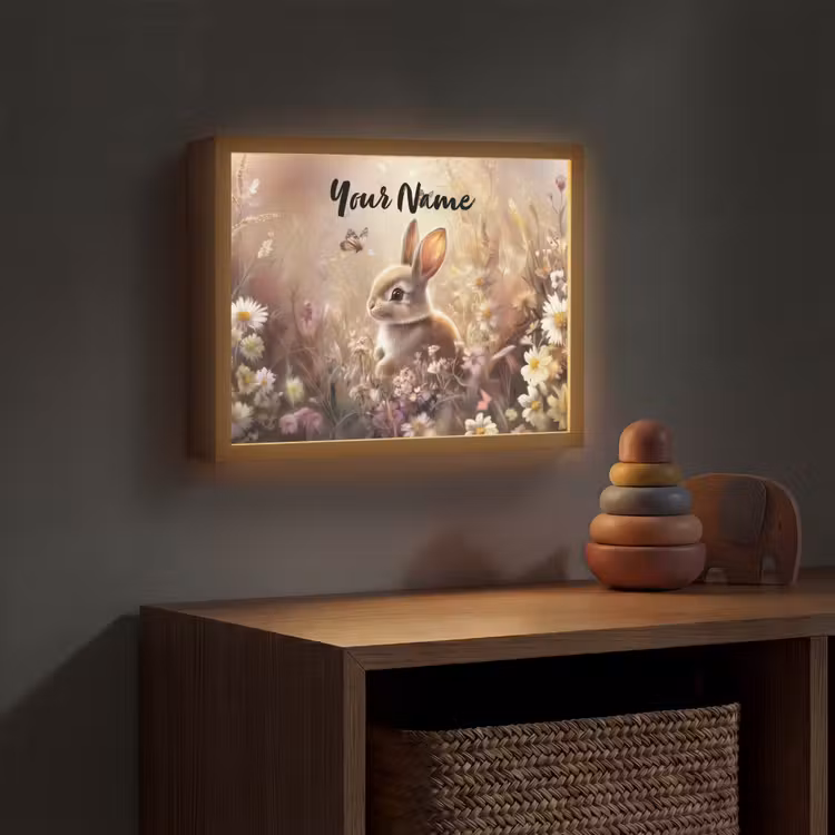 Konijntje - Bruin - Bloemen - Vlinders Light Box met batterij (Wandlamp kind) middel -sfeer5_kind