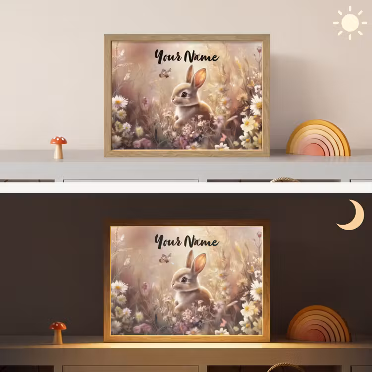 Konijntje - Bruin - Bloemen - Vlinders Light Box met batterij (Wandlamp kind) middel -sfeer3_kind