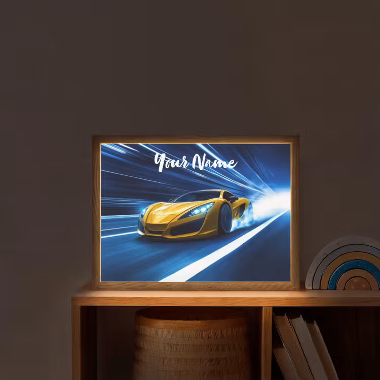 Auto - Geel - Race - Blauw Light Box met batterij (Wandlamp kind) middel -sfeer1_kind