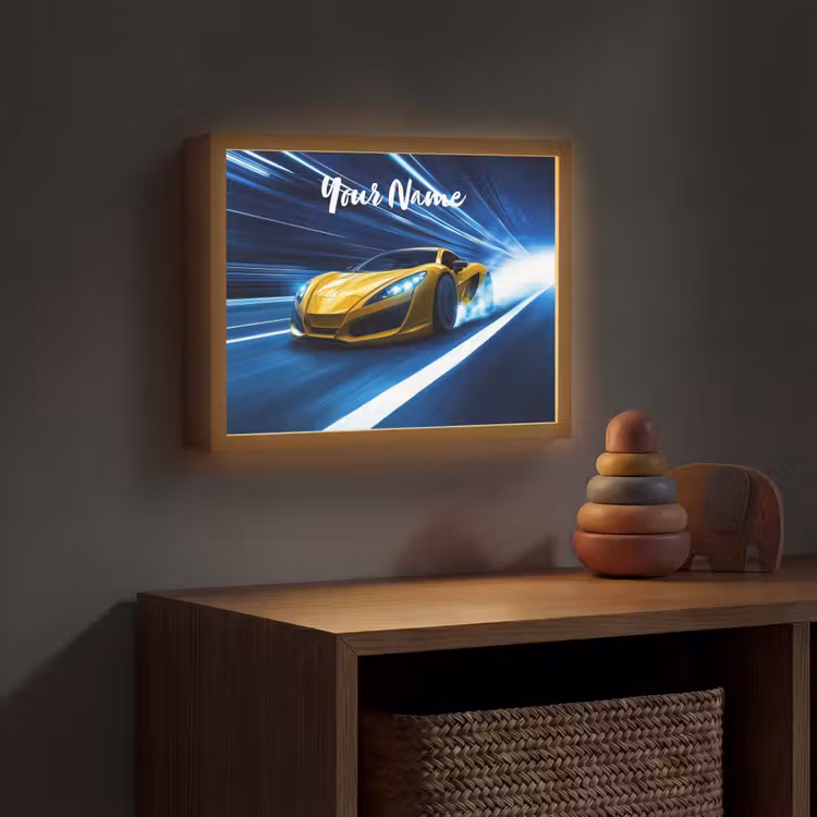 Auto - Geel - Race - Blauw Light Box met batterij (Wandlamp kind) middel -sfeer5_kind