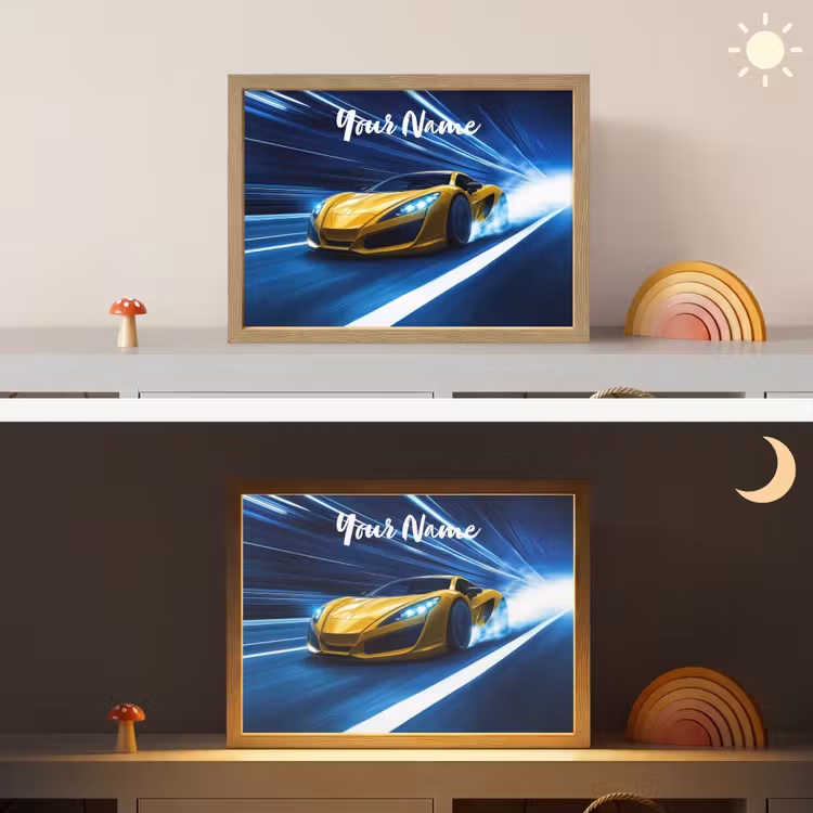 Auto - Geel - Race - Blauw Light Box met batterij (Wandlamp kind) middel -sfeer3_kind