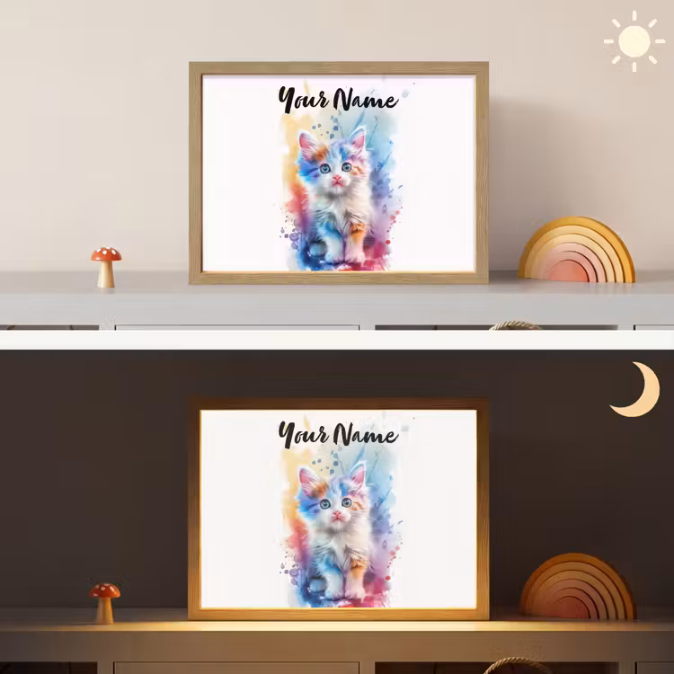 Kat - Kleurrijk - Verf - Dier - Wit Light Box met batterij (Wandlamp kind) middel -sfeer3_kind