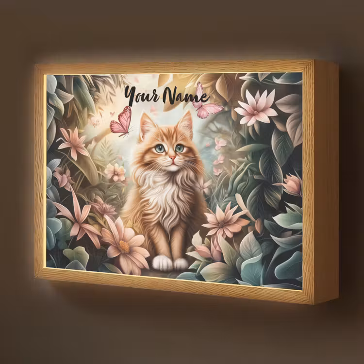 Kat - Bloemen - Vlinders - Roze Light Box met batterij (Wandlamp kind) middel -z3d_website