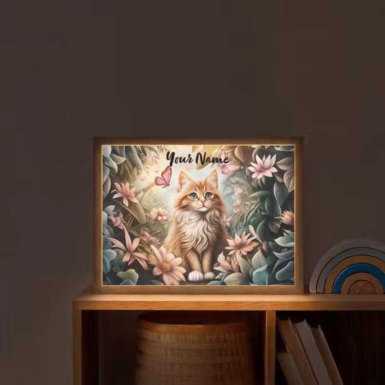 Kat - Bloemen - Vlinders - Roze Light Box met batterij (Wandlamp kind) middel -sfeer1_kind