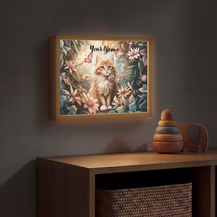 Kat - Bloemen - Vlinders - Roze Light Box met batterij (Wandlamp kind) middel -sfeer5_kind