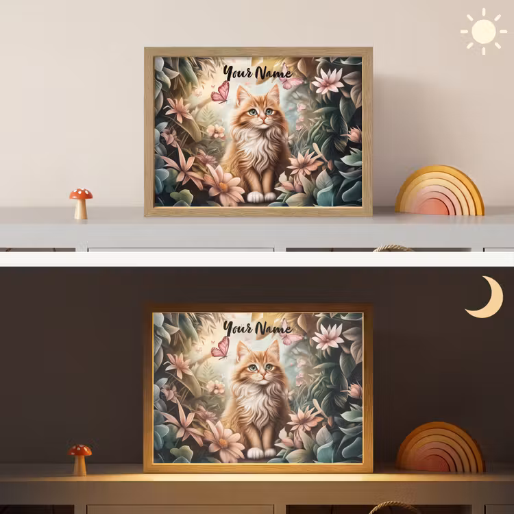 Kat - Bloemen - Vlinders - Roze Light Box met batterij (Wandlamp kind) middel -sfeer3_kind