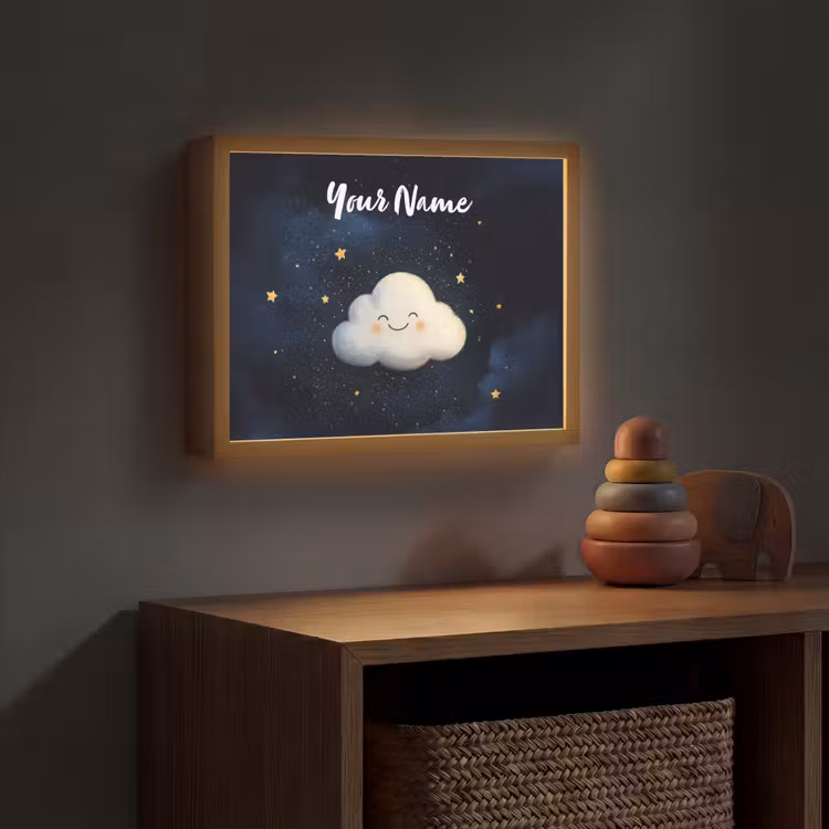 Wolkje - Gezichtje - Sterren - Donkerblauw Light Box met batterij (Wandlamp kind) middel -sfeer5_kind