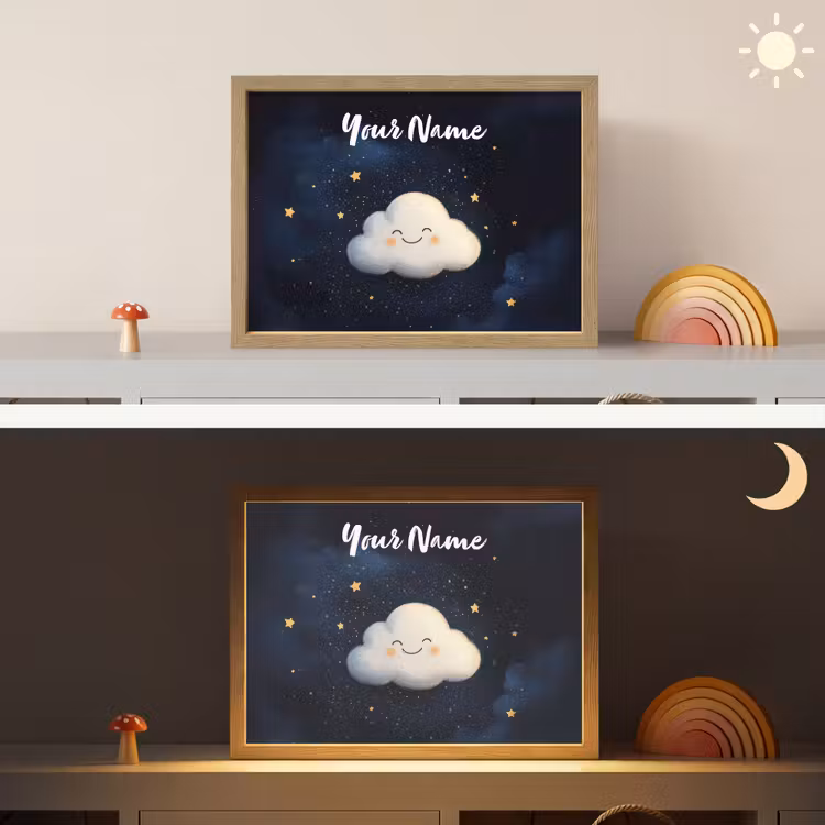 Wolkje - Gezichtje - Sterren - Donkerblauw Light Box met batterij (Wandlamp kind) middel -sfeer3_kind