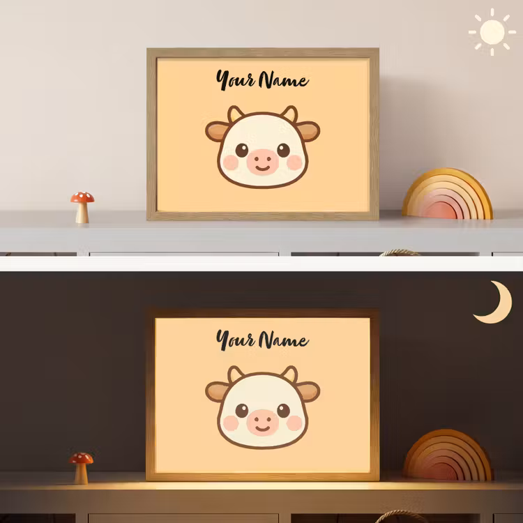 Koe - Oranje - Cartoon Light Box met batterij (Wandlamp kind) middel -sfeer3_kind