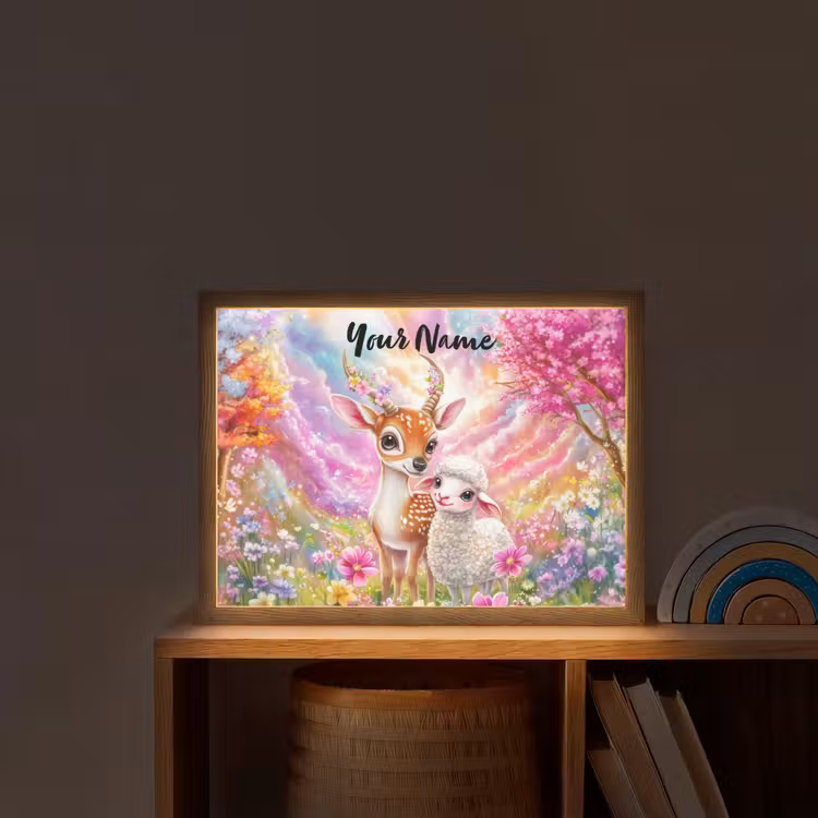 Hertje - Lammetje - Bloemen - Pastel Light Box met batterij (Wandlamp kind) middel -sfeer1_kind