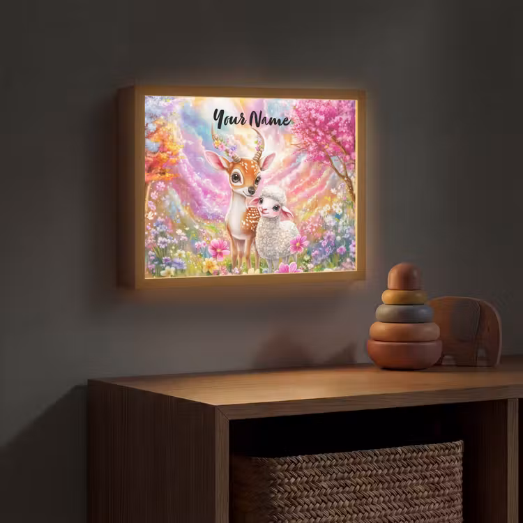 Hertje - Lammetje - Bloemen - Pastel Light Box met batterij (Wandlamp kind) middel -sfeer5_kind