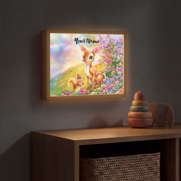 Hertje - Eekhoorn - Bloemenveld - Kleurrijk Light Box met batterij (Wandlamp kind) middel -sfeer5_kind