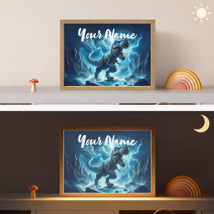 Dino - Blauw - Jongens Light Box met batterij (Wandlamp kind) middel -sfeer3_kind