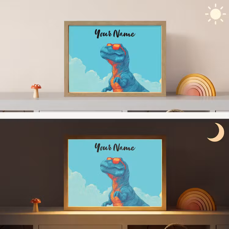 Dino - Blauw - Zonnebril - Wolken Light Box met batterij (Wandlamp kind) middel -sfeer3_kind