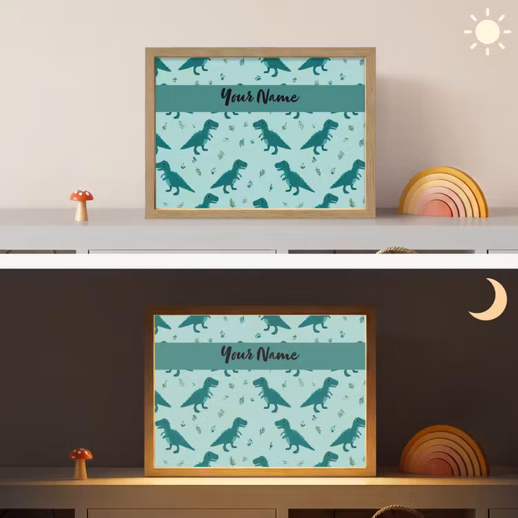 Dinosaurus - Blauw - Bladeren - Voetafdrukken Light Box met batterij (Wandlamp kind) middel -sfeer3_kind