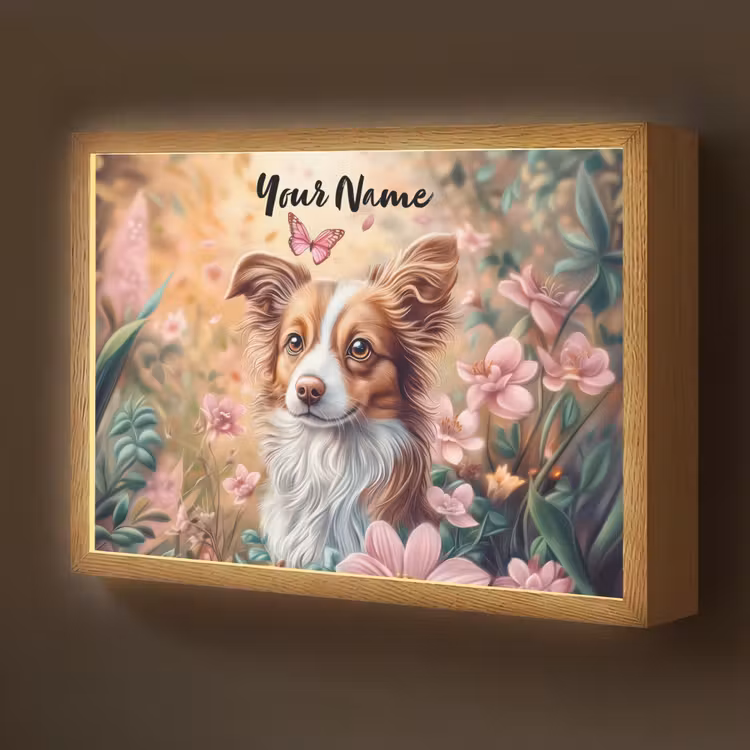 Hond - Bloemen - Roze Light Box met batterij (Wandlamp kind) middel -z3d_website