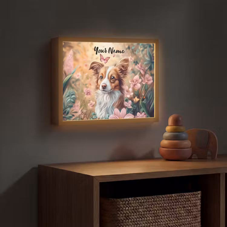 Hond - Bloemen - Roze Light Box met batterij (Wandlamp kind) middel -sfeer5_kind