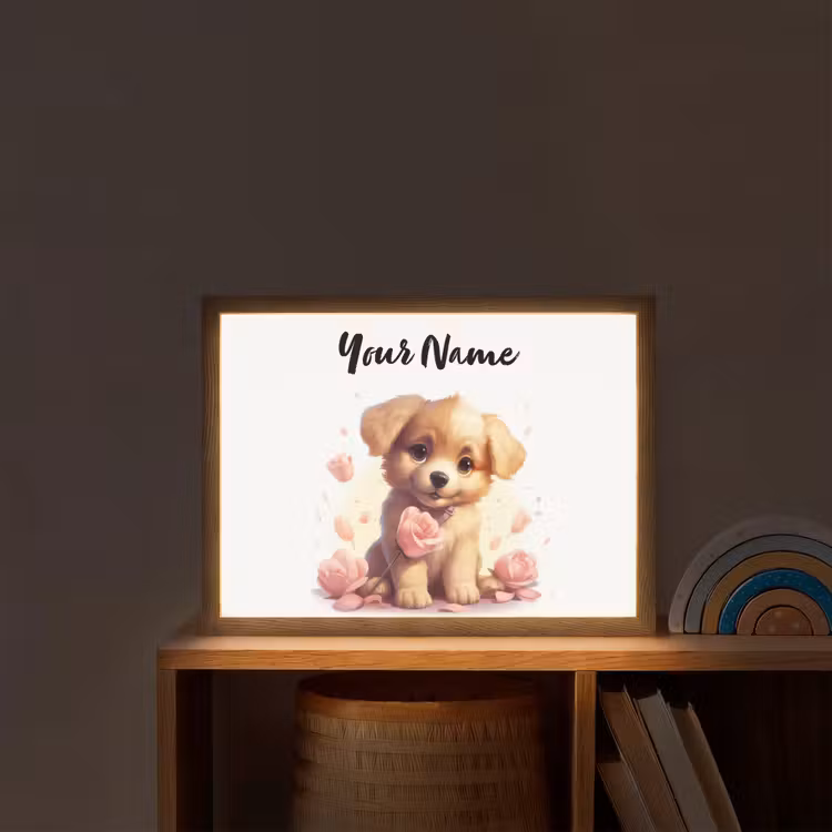 Hond - Bloemen - Roze - Meisjes - Kind Light Box met batterij (Wandlamp kind) middel -sfeer1_kind